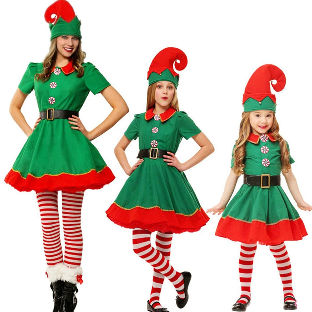 Adult & Kids Green Christmas Elf Costume – Full Set with Hat, Belt, Socks & Shoe Covers