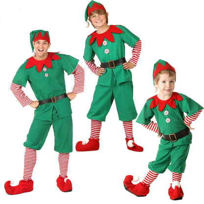 Adult & Kids Green Christmas Elf Costume – Full Set with Hat, Belt, Socks & Shoe Covers