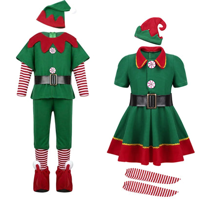 Adult & Kids Green Christmas Elf Costume – Full Set with Hat, Belt, Socks & Shoe Covers