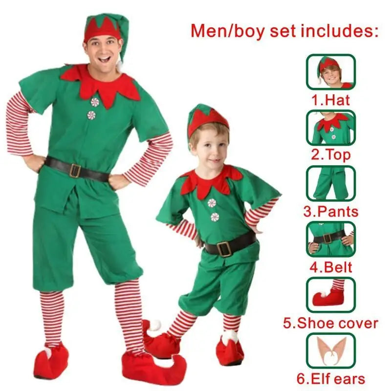 Adult & Kids Green Christmas Elf Costume – Full Set with Hat, Belt, Socks & Shoe Covers