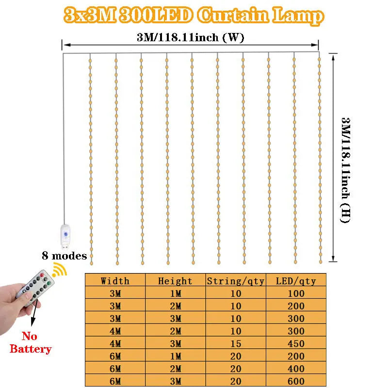 3M–6M USB Curtain Fairy Lights - 100–600 LED + Remote Control (8 Modes)