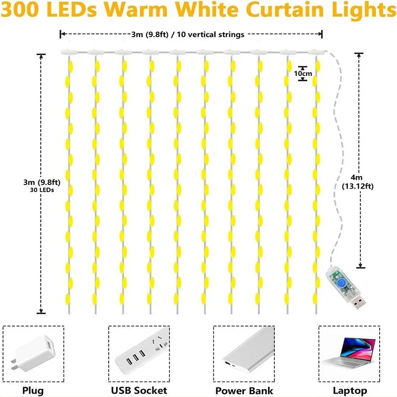 3M USB Curtain Fairy Lights – 300 LED Warm White String Garland with Remote (3×3m / 3×2m / 3×1m)
