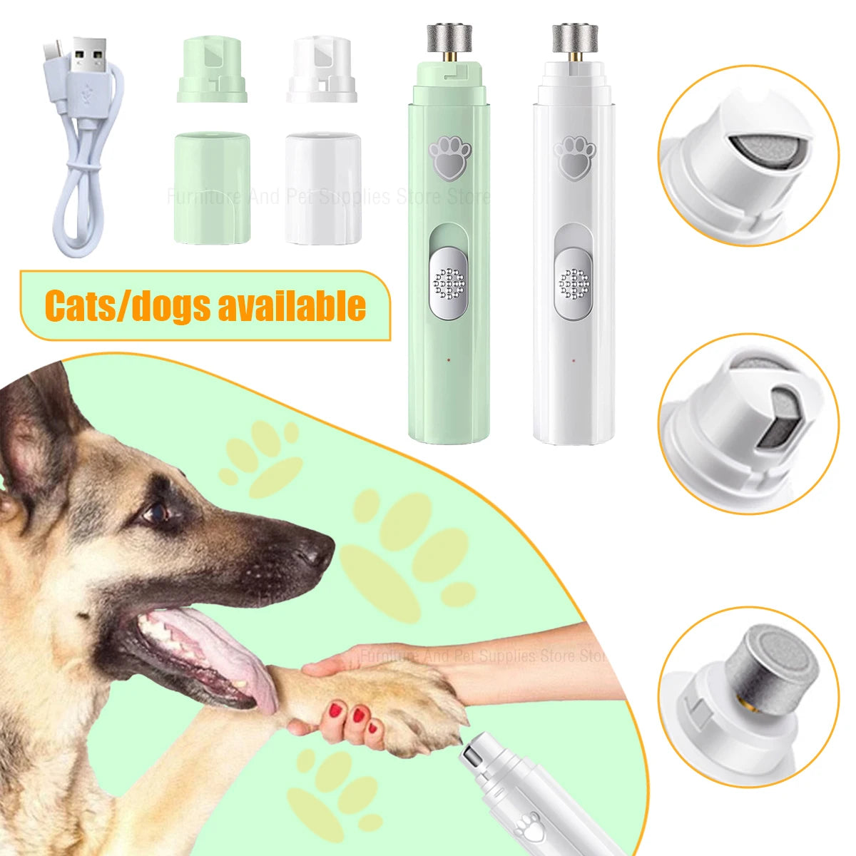 Rechargeable USB Electric Dog Nail Grinder | Low-Noise LED Light 2-Speed Trimmer with Diamond Wheel