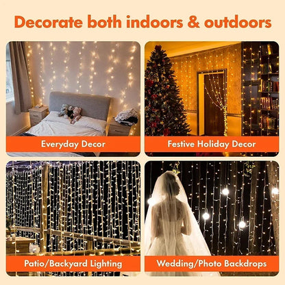 3M USB Curtain Fairy Lights – 300 LED Warm White String Garland with Remote (3×3m / 3×2m / 3×1m)
