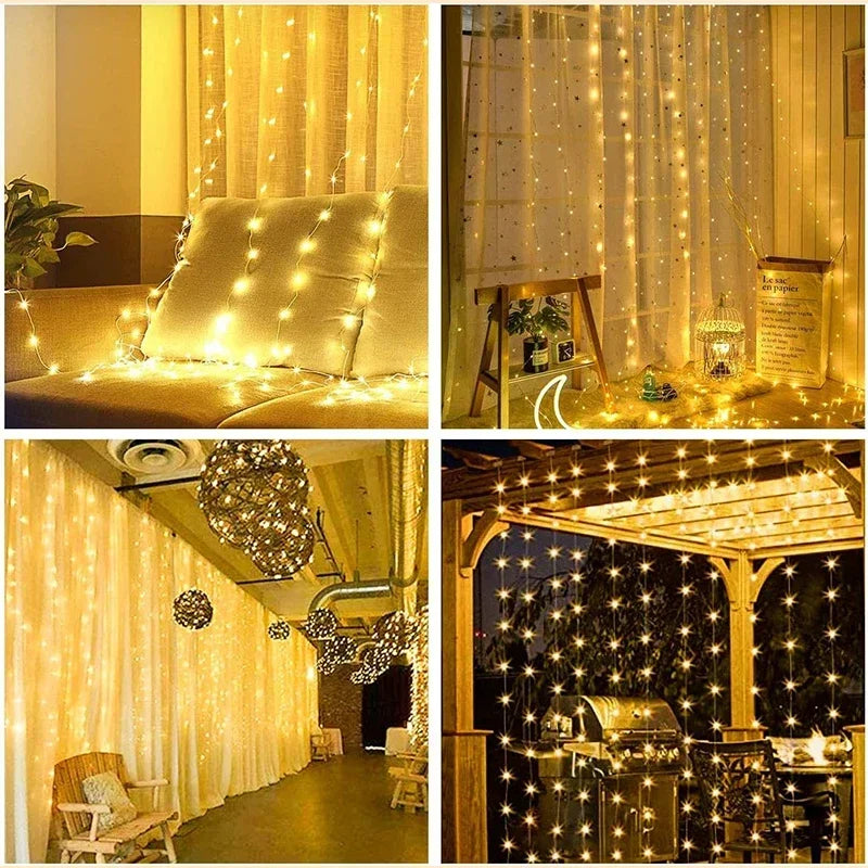 3M USB Curtain Fairy Lights – 300 LED Warm White String Garland with Remote (3×3m / 3×2m / 3×1m)