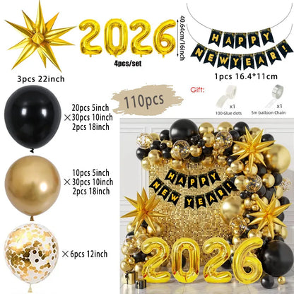 2026 New Year’s Eve Balloon Garland Kit – Black & Gold with Happy New Year Banner & Starburst Foils