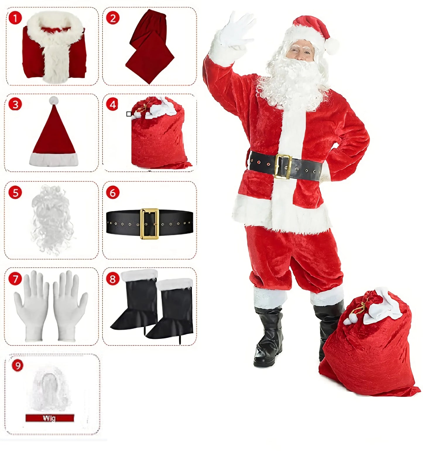 Deluxe Adult Santa Claus Costume – 7/8/9/11 Piece Full Santa Suit Set (Men)