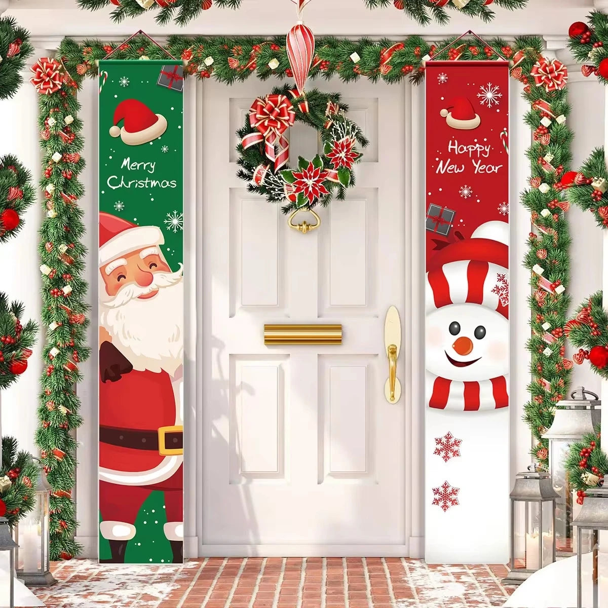 Santa Claus Christmas Door Banner Set – Merry Christmas Porch Sign Pair
