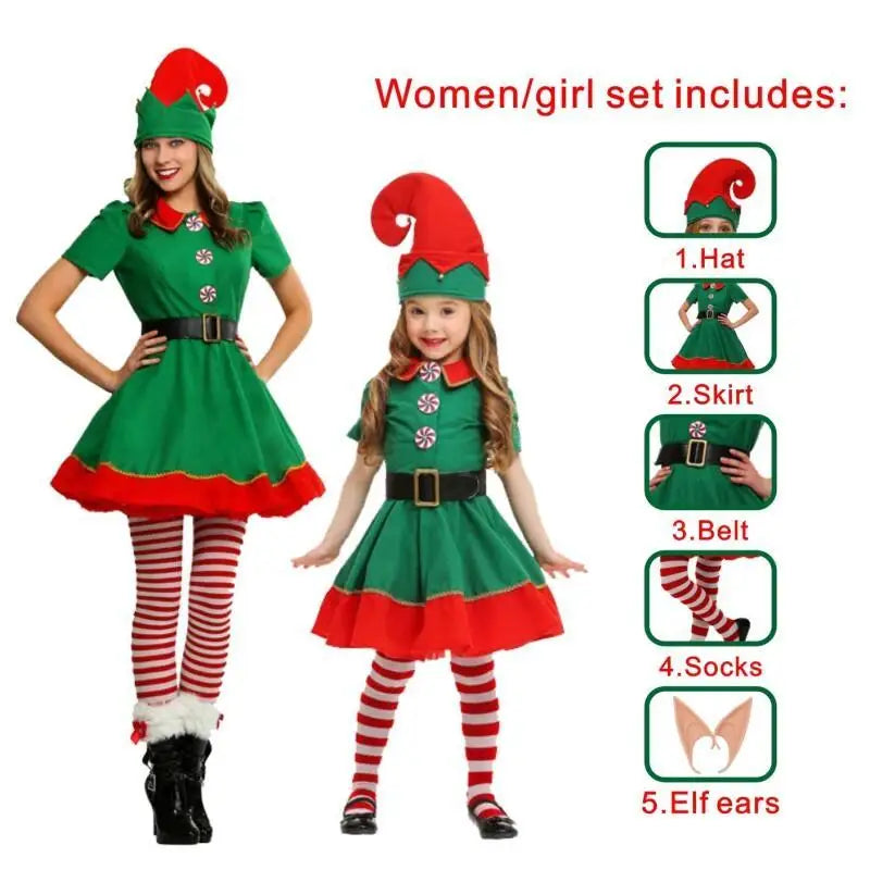 Adult & Kids Green Christmas Elf Costume – Full Set with Hat, Belt, Socks & Shoe Covers