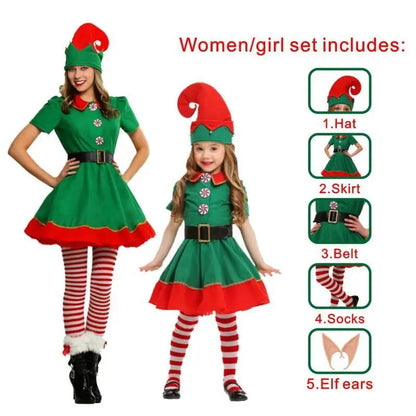 Adult & Kids Green Christmas Elf Costume – Full Set with Hat, Belt, Socks & Shoe Covers