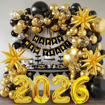 2026 New Year’s Eve Balloon Garland Kit – Black & Gold with Happy New Year Banner & Starburst Foils