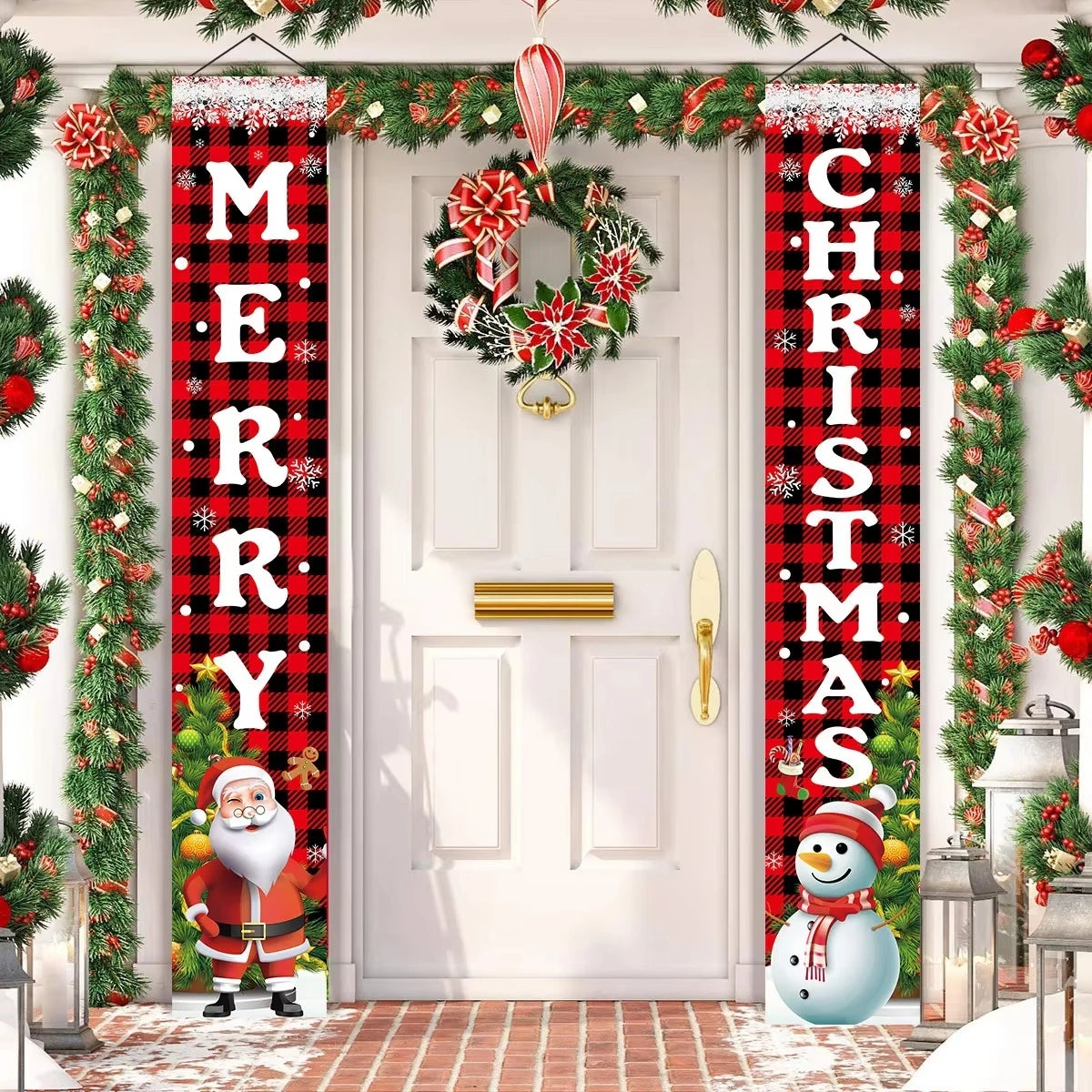 Santa Claus Christmas Door Banner Set – Merry Christmas Porch Sign Pair