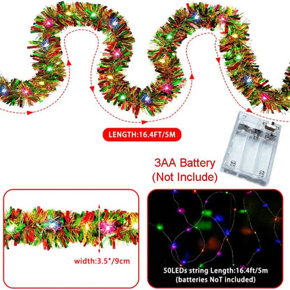 5M LED Christmas Tinsel Garland – Thick Shiny Metallic with Warm White Lights (16 ft)
