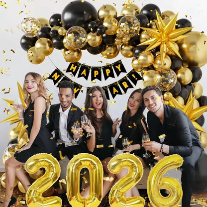 2026 New Year’s Eve Balloon Garland Kit – Black & Gold with Happy New Year Banner & Starburst Foils