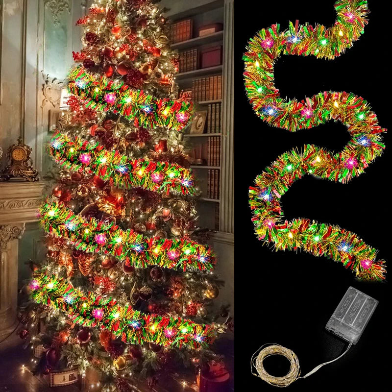 5M LED Christmas Tinsel Garland – Thick Shiny Metallic with Warm White Lights (16 ft)