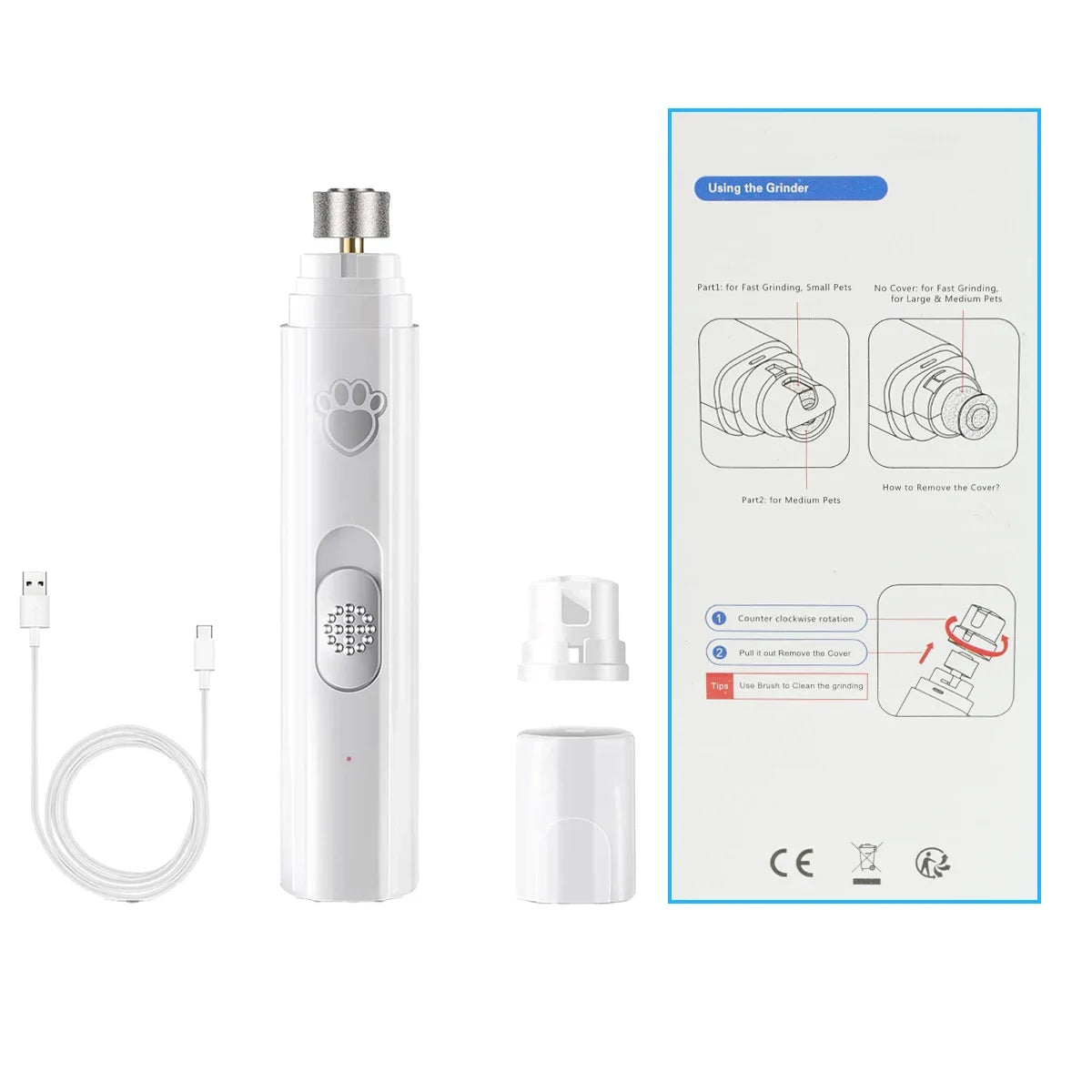 Rechargeable USB Electric Dog Nail Grinder | Low-Noise LED Light 2-Speed Trimmer with Diamond Wheel