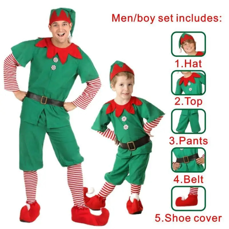 Adult & Kids Green Christmas Elf Costume – Full Set with Hat, Belt, Socks & Shoe Covers