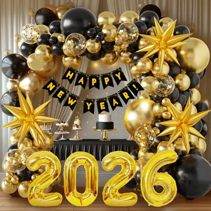 2026 New Year’s Eve Balloon Garland Kit – Black & Gold with Happy New Year Banner & Starburst Foils