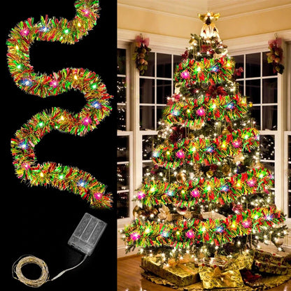 5M LED Christmas Tinsel Garland – Thick Shiny Metallic with Warm White Lights (16 ft)