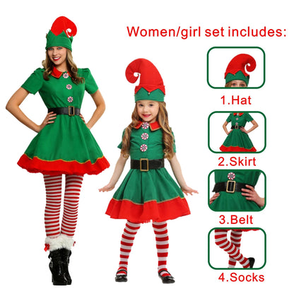 Adult & Kids Green Christmas Elf Costume – Full Set with Hat, Belt, Socks & Shoe Covers