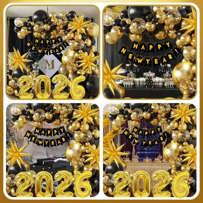 2026 New Year’s Eve Balloon Garland Kit – Black & Gold with Happy New Year Banner & Starburst Foils