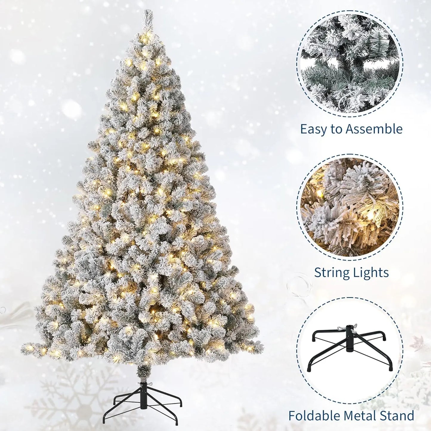 7.5ft Pre-Lit Flocked Christmas Tree – 450 Warm White LEDs + Foot Switch