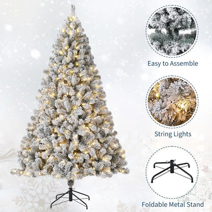 7.5ft Pre-Lit Flocked Christmas Tree – 450 Warm White LEDs + Foot Switch