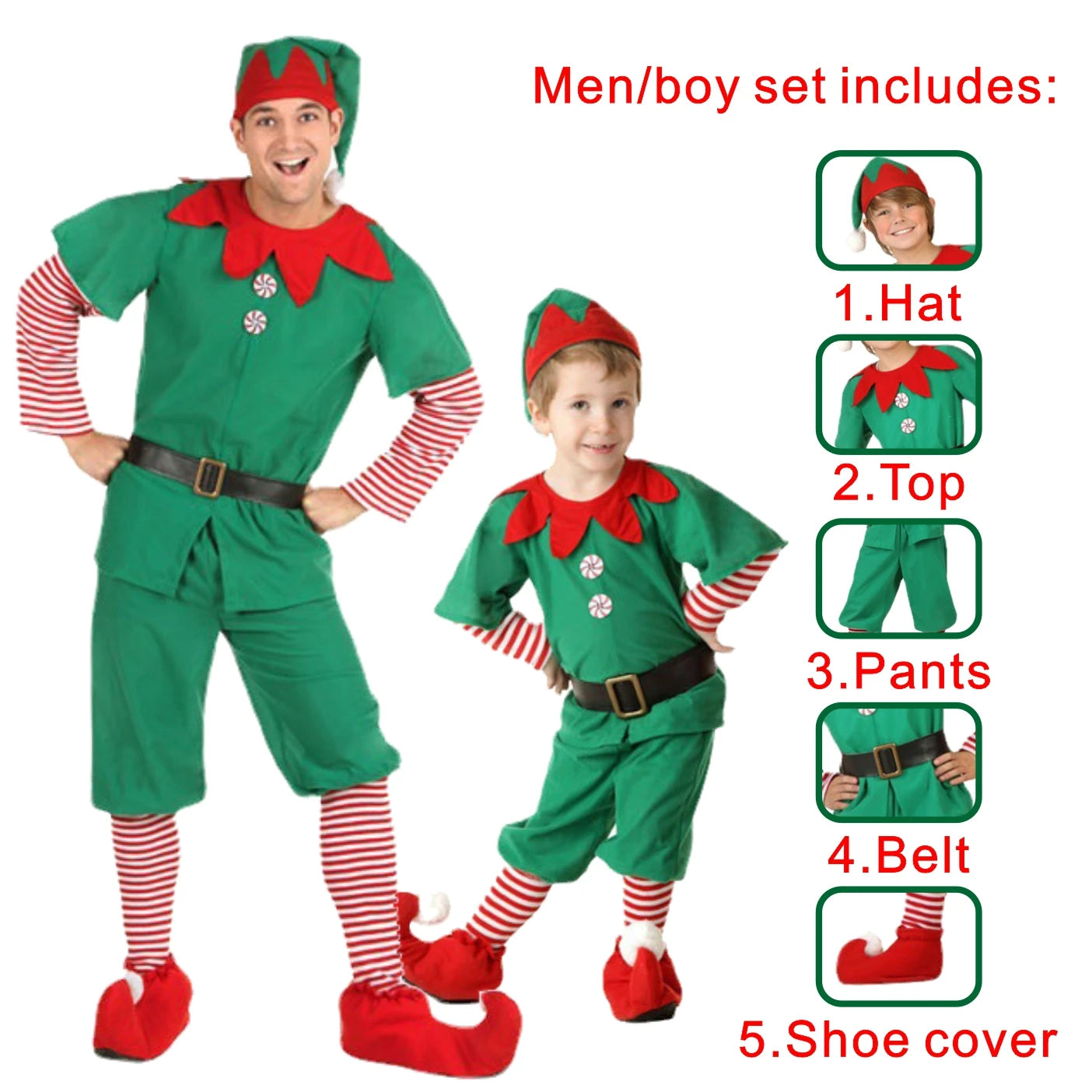 Adult & Kids Green Christmas Elf Costume – Full Set with Hat, Belt, Socks & Shoe Covers