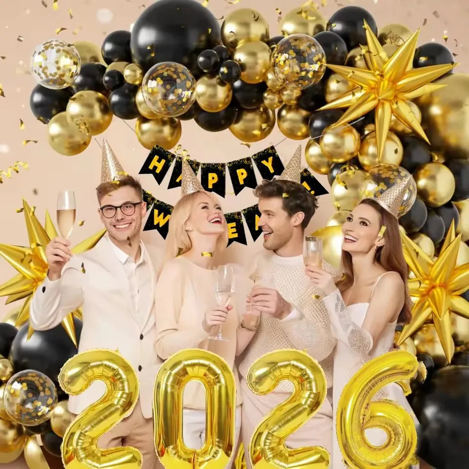 2026 New Year’s Eve Balloon Garland Kit – Black & Gold with Happy New Year Banner & Starburst Foils