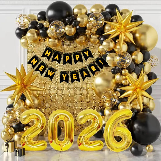 2026 New Year’s Eve Balloon Garland Kit – Black & Gold with Happy New Year Banner & Starburst Foils