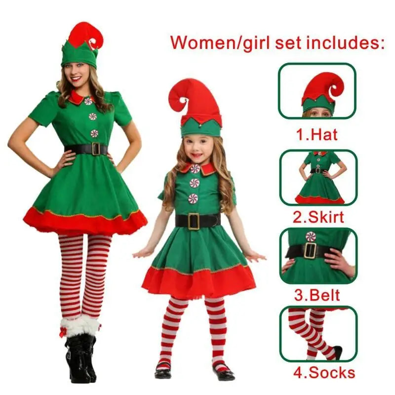 Adult & Kids Green Christmas Elf Costume – Full Set with Hat, Belt, Socks & Shoe Covers