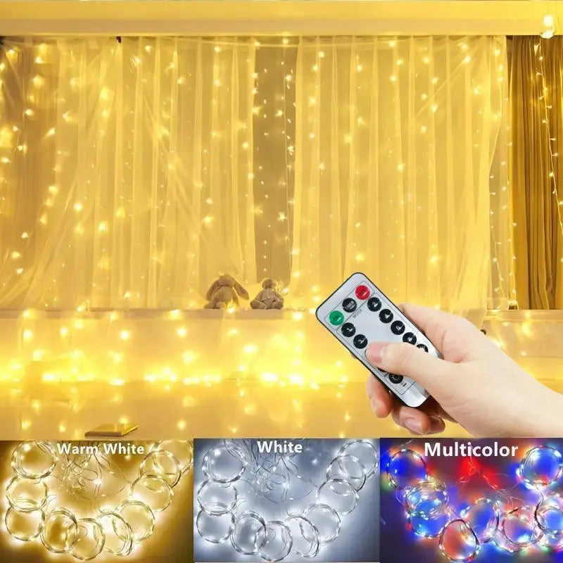 3M–6M USB Curtain Fairy Lights - 100–600 LED + Remote Control (8 Modes)