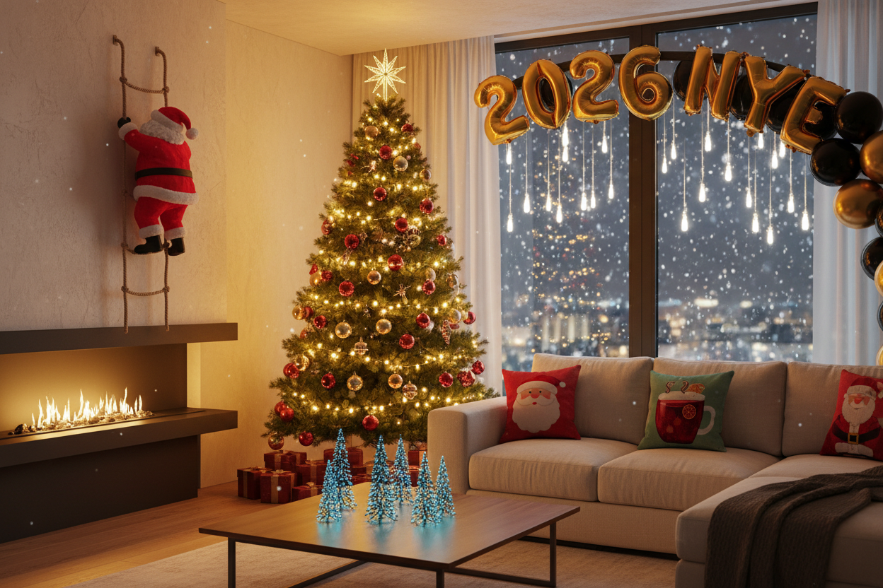 Cozy modern living room at Christmas night, warm golden lighting, large realistic green Christmas tree decorated with glowing warm white fairy lights and red-gold ornaments, Santa Claus climbing a rope ladder on the wall, festive pillow covers with Santa and mulled wine designs on the couch, black-gold 2026 NYE balloon garland arch in the corner, small snowy LED mini Christmas trees on the coffee table, meteor shower lights hanging outside the window, soft snowfall visible through window, cinematic atmosphe