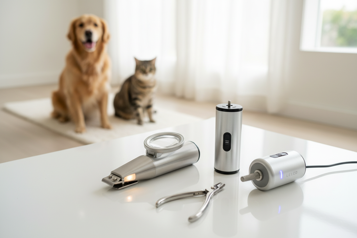 Professional pet grooming scene in a bright modern home, close-up on a clean white table with several premium pet nail clippers arranged neatly: LED illuminated clippers with magnifier glowing softly, electric rechargeable nail grinder with diamond head, stainless steel safety guard clippers, quiet LED grinder for cats and dogs, all tools looking sharp and high-quality, a happy golden retriever and tabby cat calmly sitting nearby with perfectly trimmed paws, soft natural lighting, trustworthy veterinary-app
